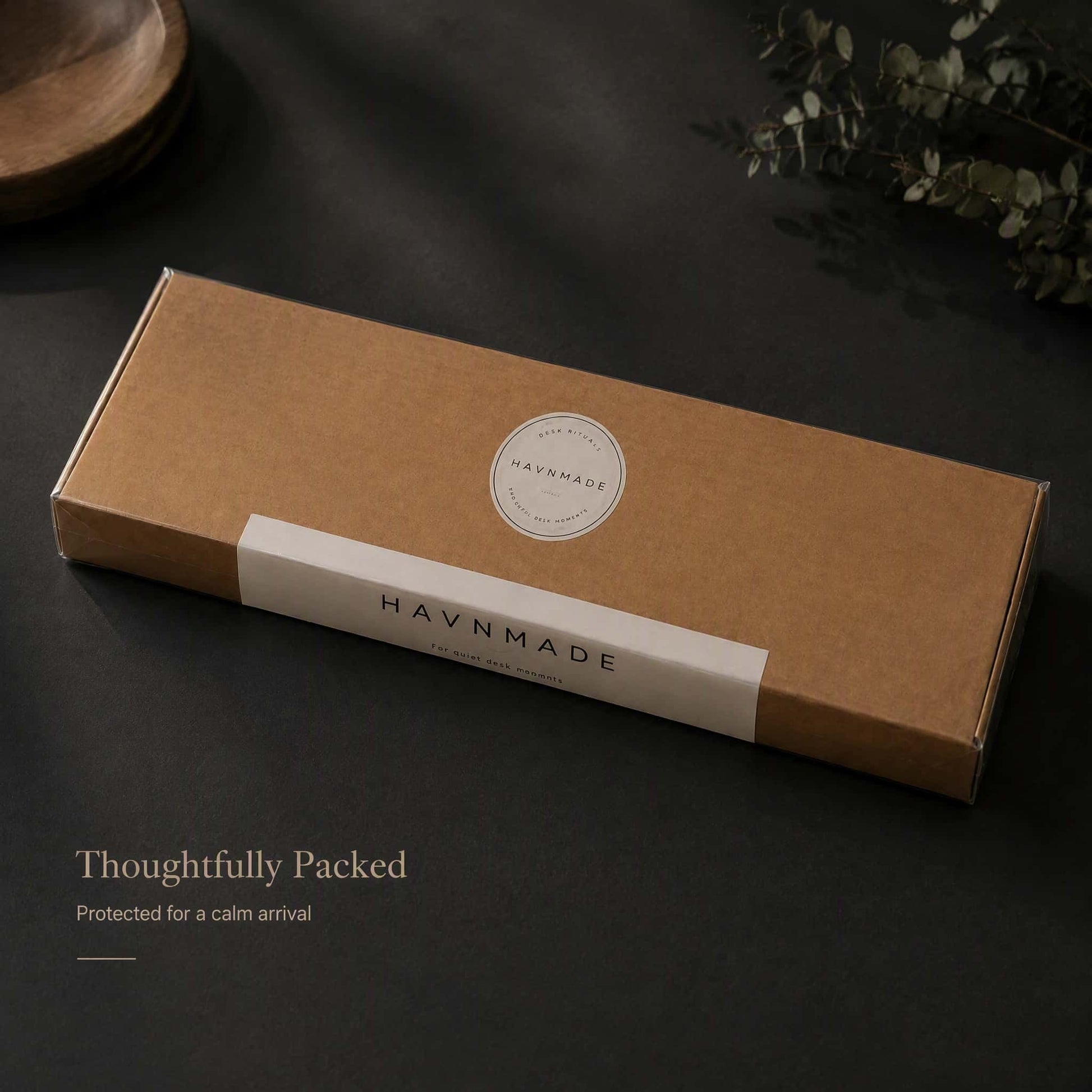 HAVNMADE walnut wrist rest in kraft gift box, thoughtfully packed for safe delivery