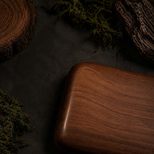 Walnut hand rest natural wood grain close-up, handcrafted surface detail