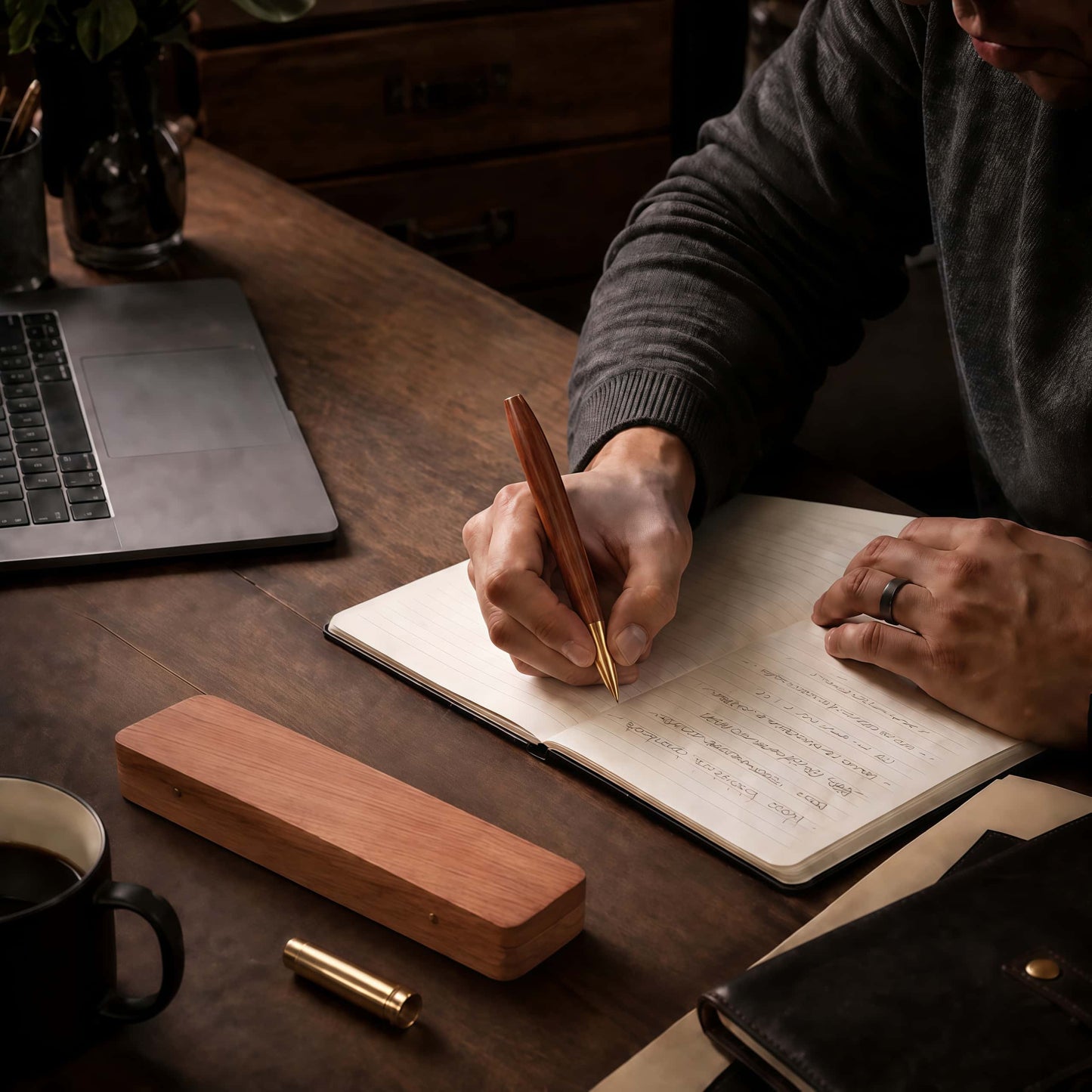 Wooden pen gift set lifestyle photo, elegant desk accessory