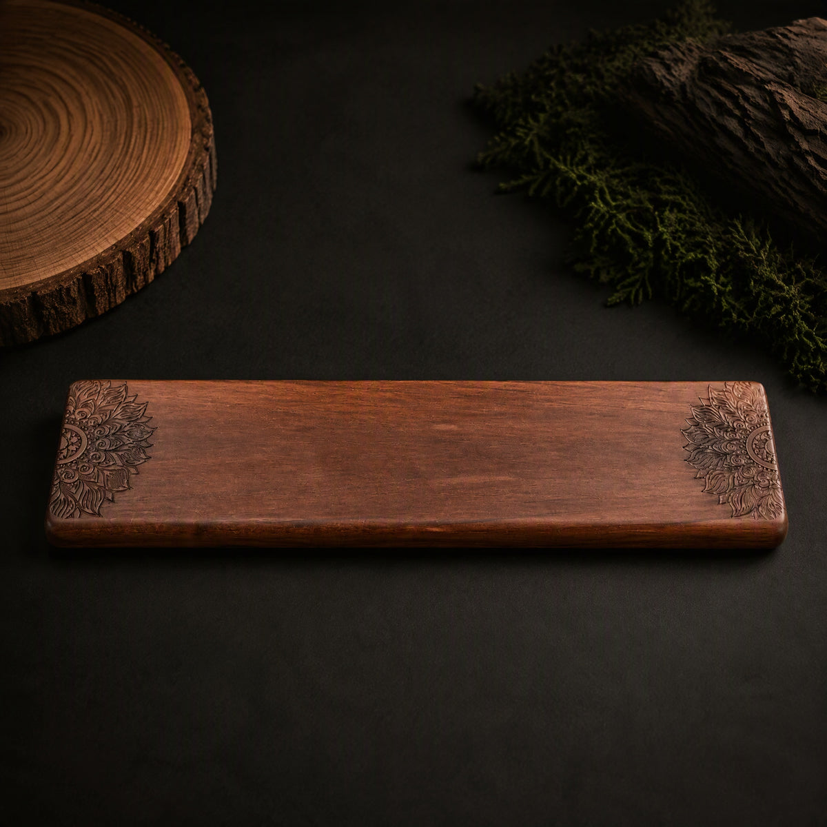 Walnut wrist rest handcarved pattern side view, smooth finish