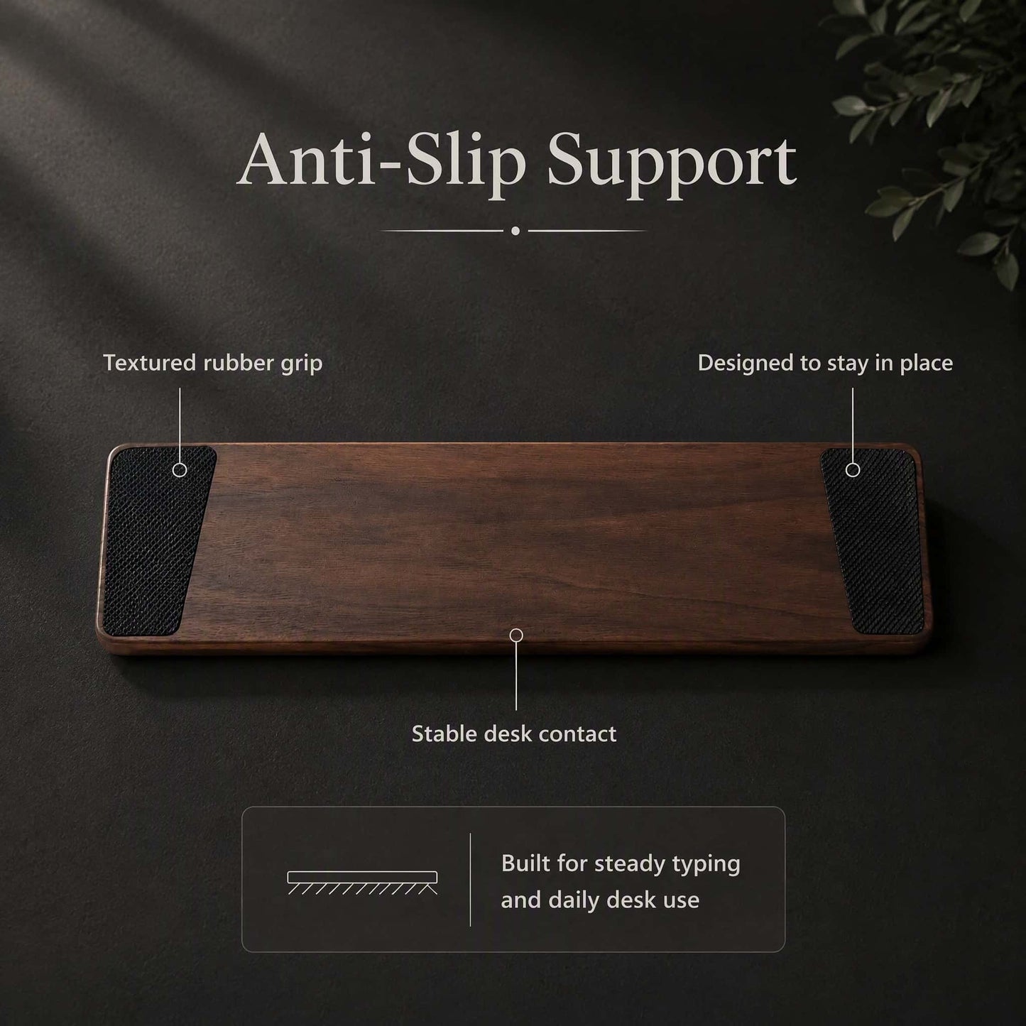 Hand-carved walnut wrist rest anti-slip pad bottom view
