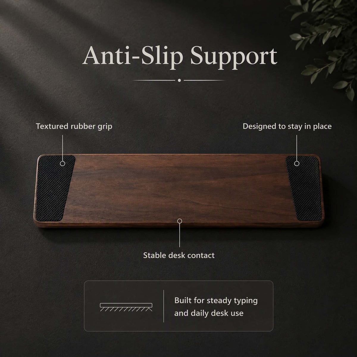 Hand-carved walnut wrist rest anti-slip pad bottom view