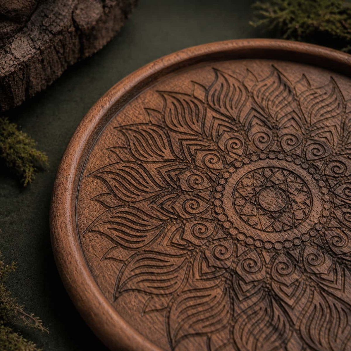 Walnut coaster hand-carved pattern close-up, artisan engraving detail