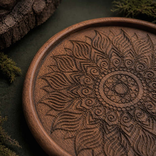 Walnut coaster hand-carved pattern close-up, artisan engraving detail