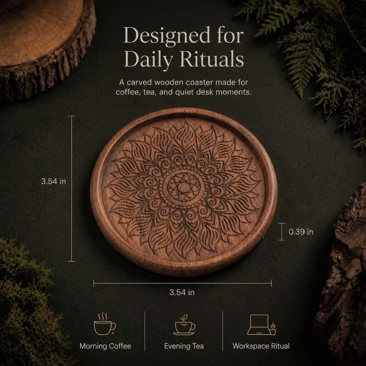 Walnut coaster product size 3.54 inches diameter, size reference chart
