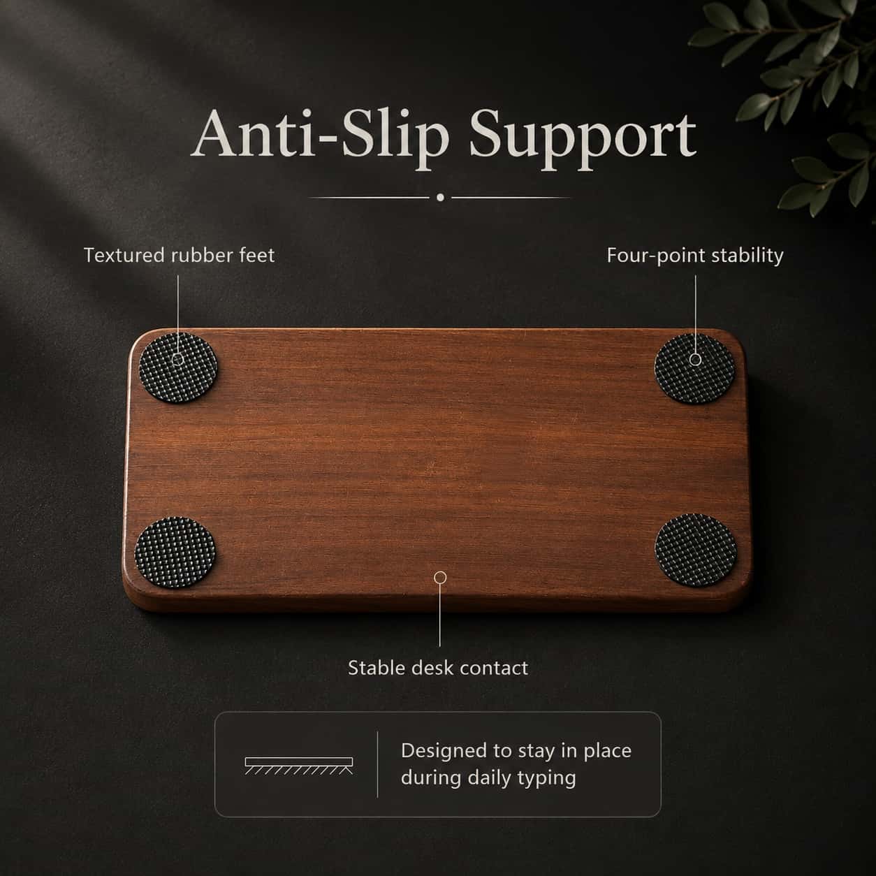 Walnut hand rest anti-slip support feature, desk accessory detail