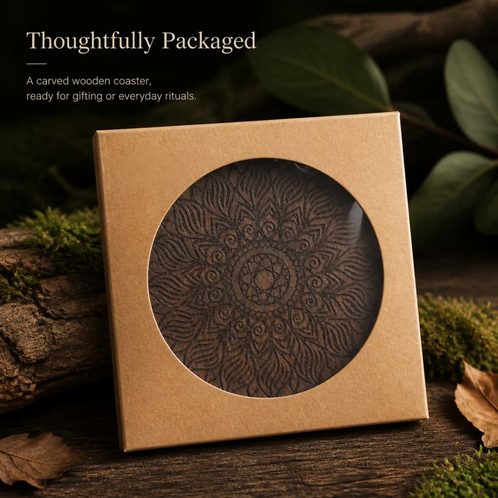 HAVNMADE walnut coaster in kraft gift box, thoughtfully packed for safe delivery