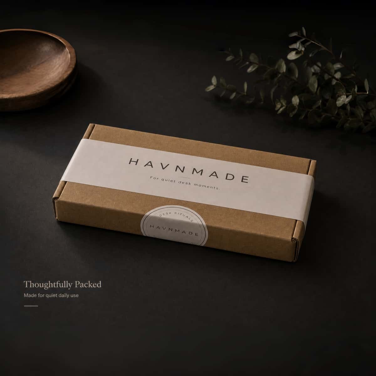 HAVNMADE walnut hand rest in kraft gift box, thoughtfully packed for safe delivery