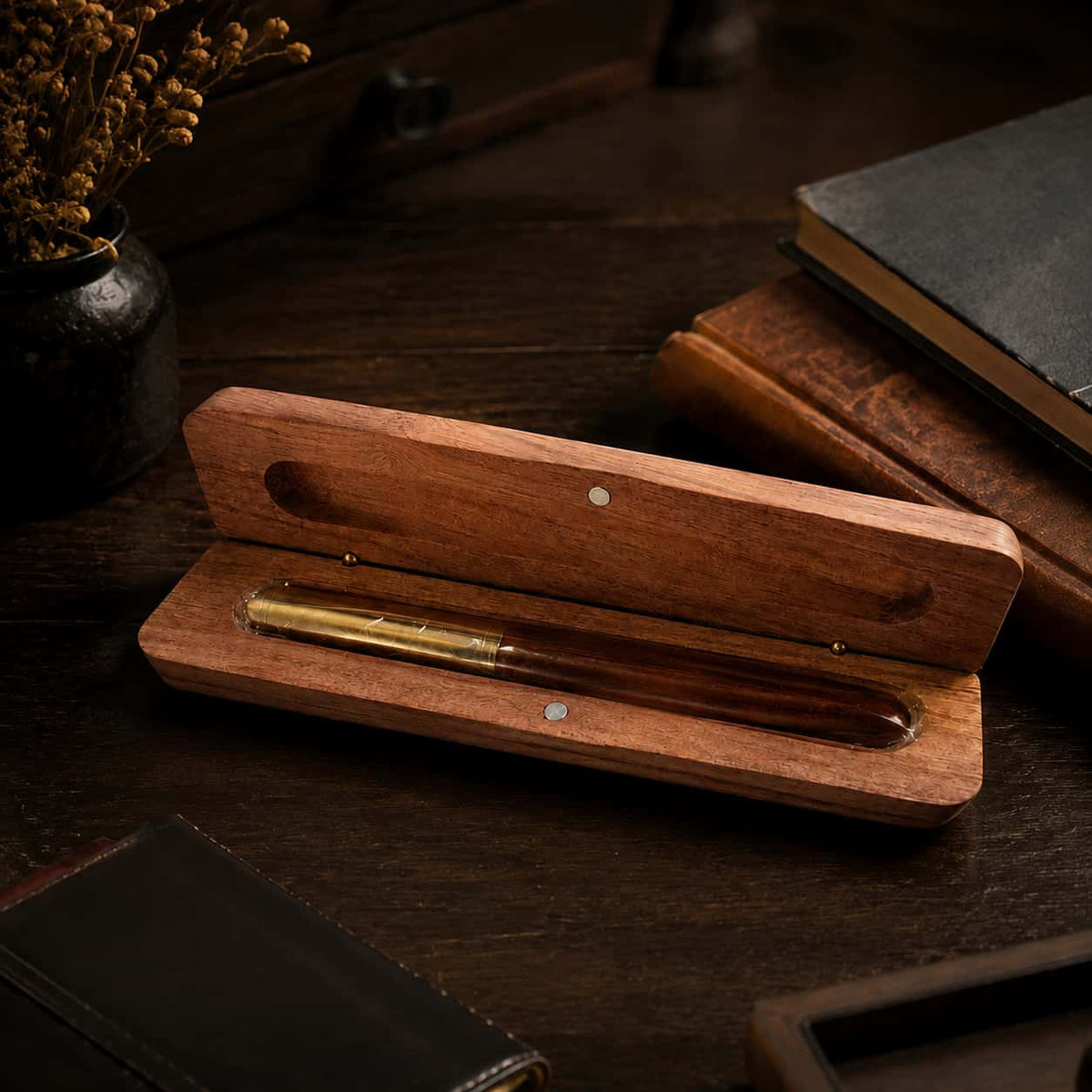 Wooden ballpoint pen gift set open box, brass pen in walnut case