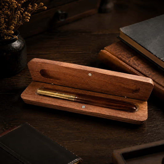 Wooden ballpoint pen gift set open box, brass pen in walnut case
