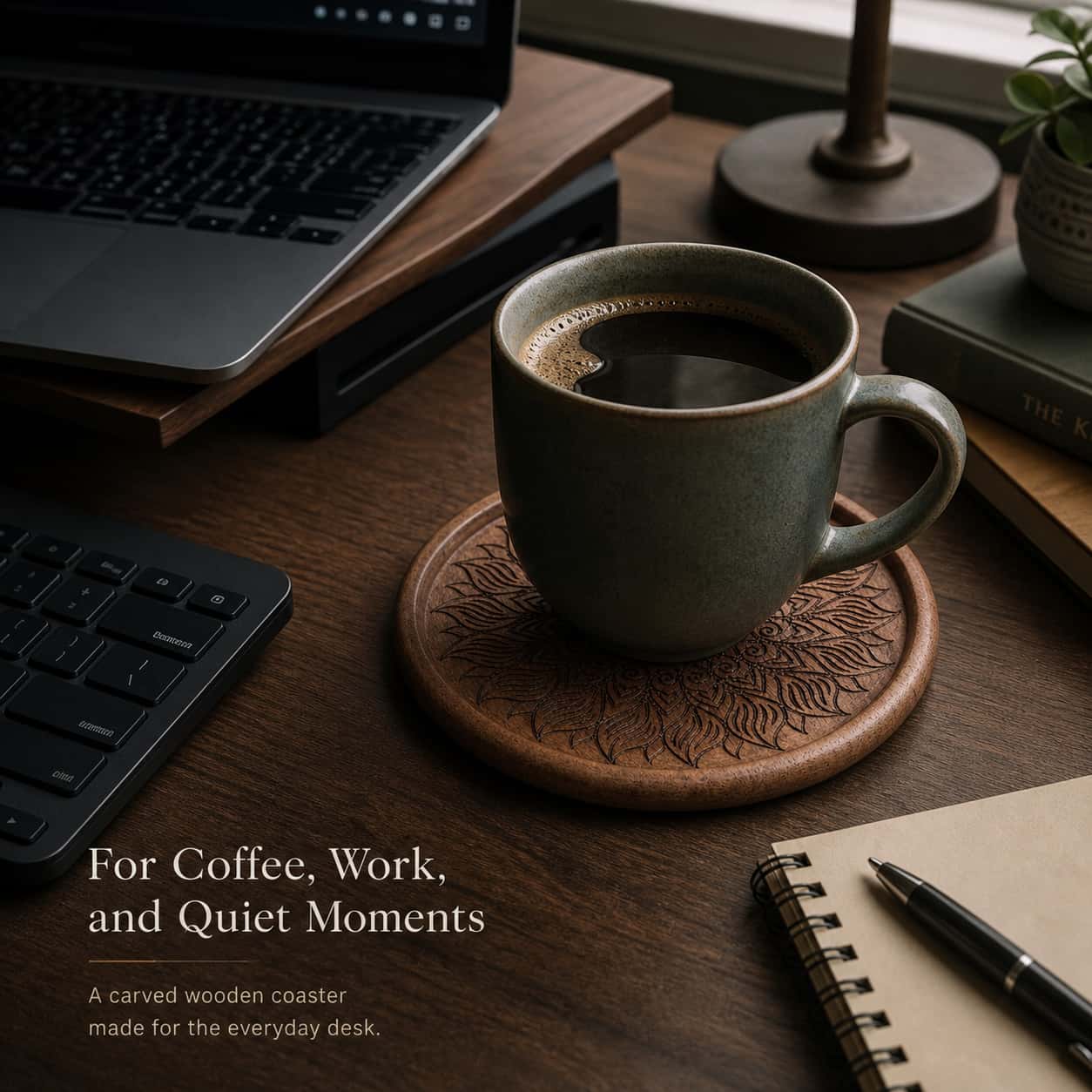 Walnut coaster lifestyle photo with coffee cup on dark desk, premium desk accessory