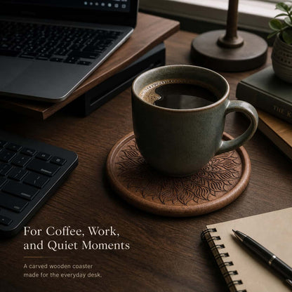 Walnut coaster lifestyle photo with coffee cup on dark desk, premium desk accessory