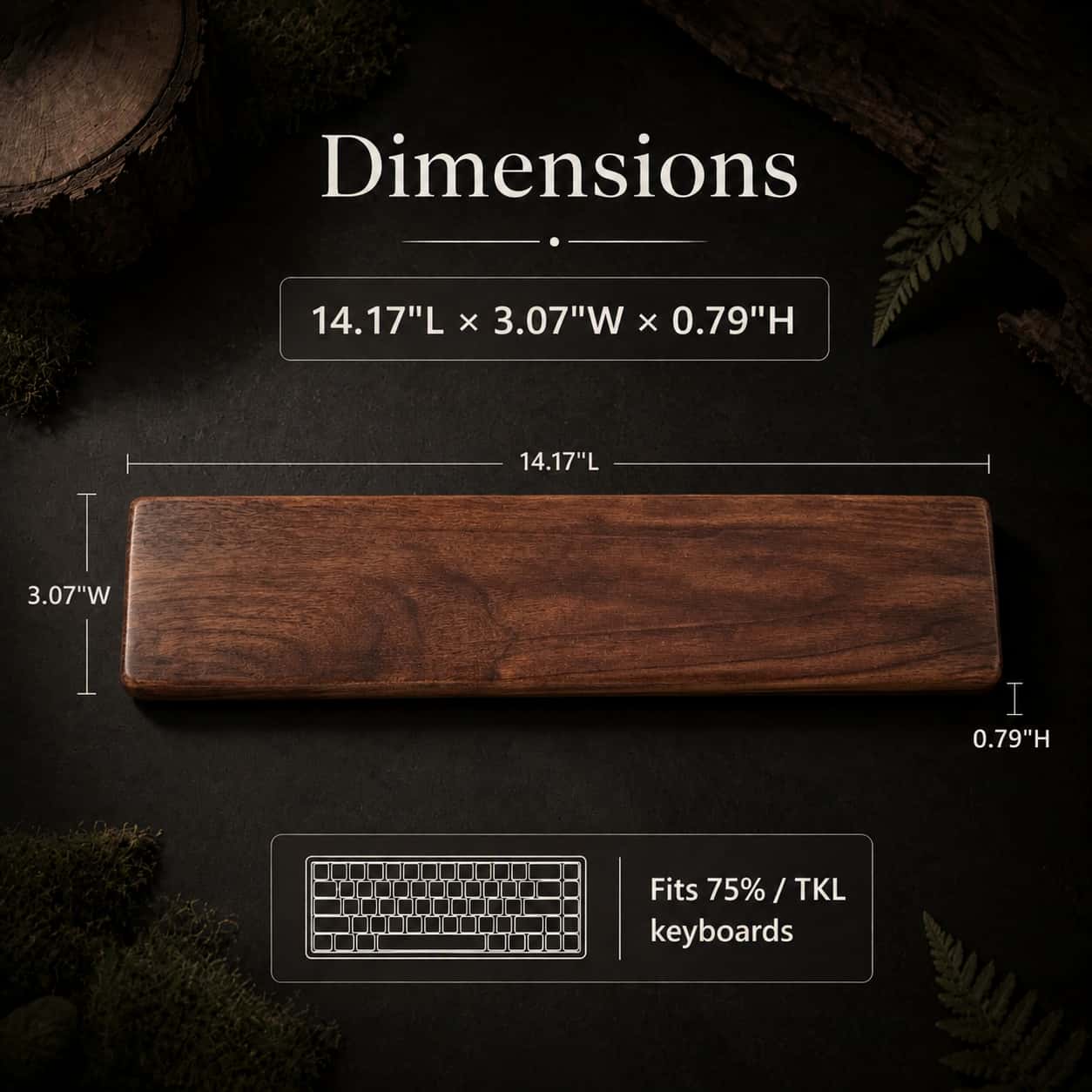 Walnut wrist rest dimensions 14.17 x 3.07 x 0.87 inches, size reference chart