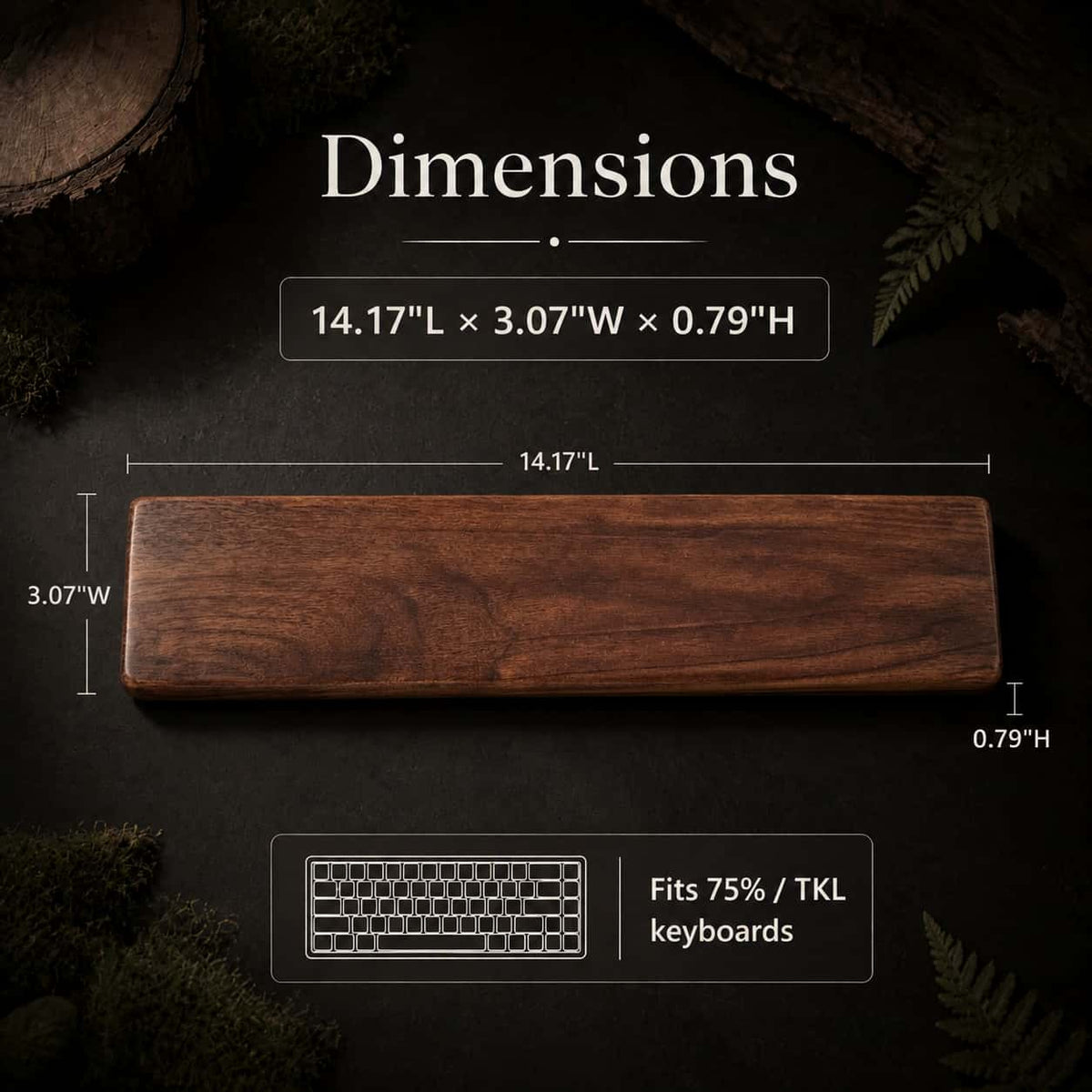 Walnut wrist rest dimensions 14.17 x 3.07 x 0.87 inches, size reference chart
