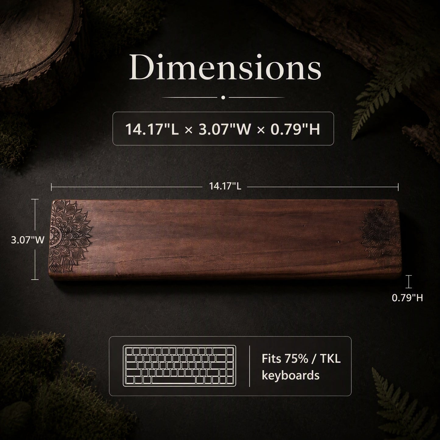 Walnut wrist rest dimensions 14.17 x 3.07 x 0.87 inches, size reference chart