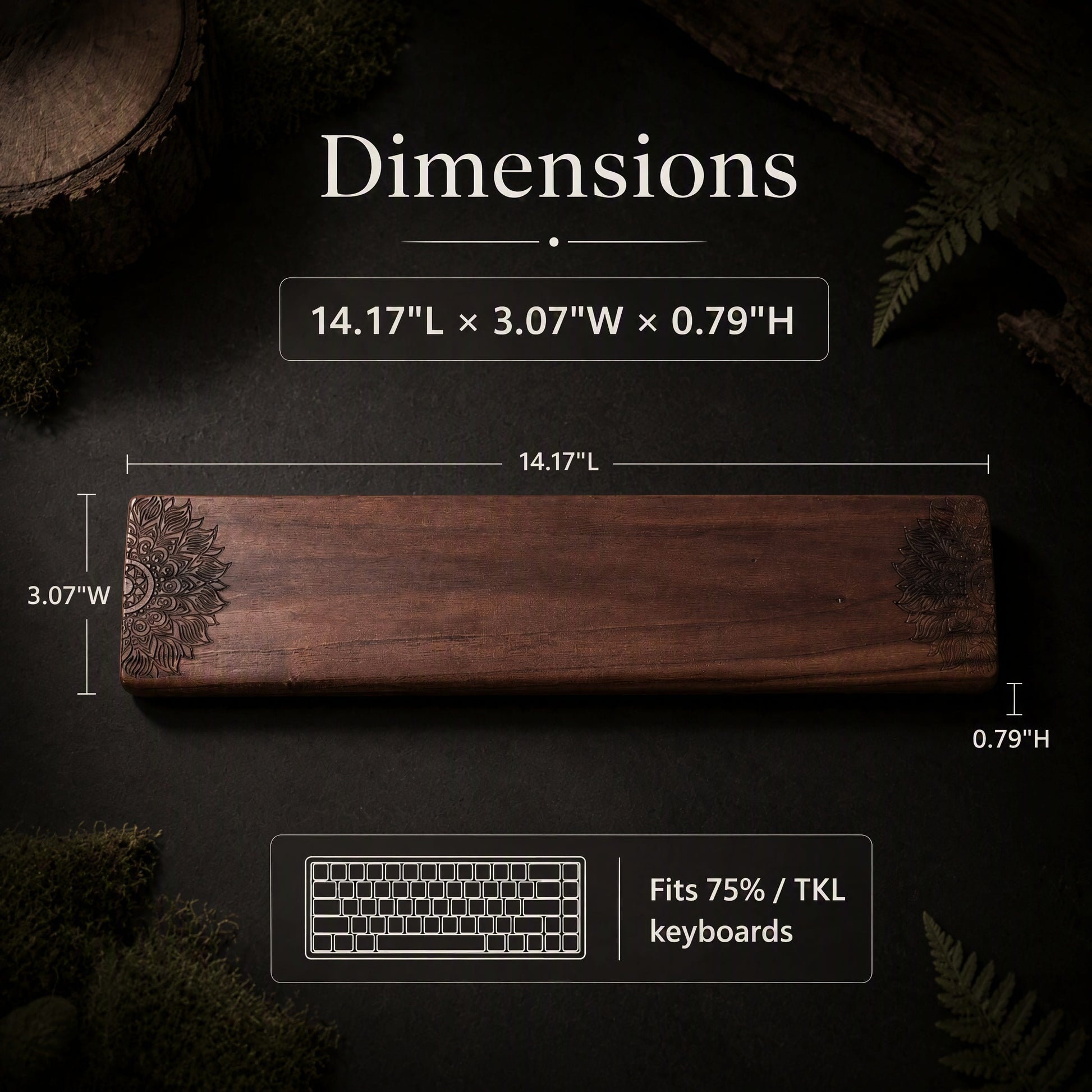 Walnut wrist rest dimensions 14.17 x 3.07 x 0.87 inches, size reference chart