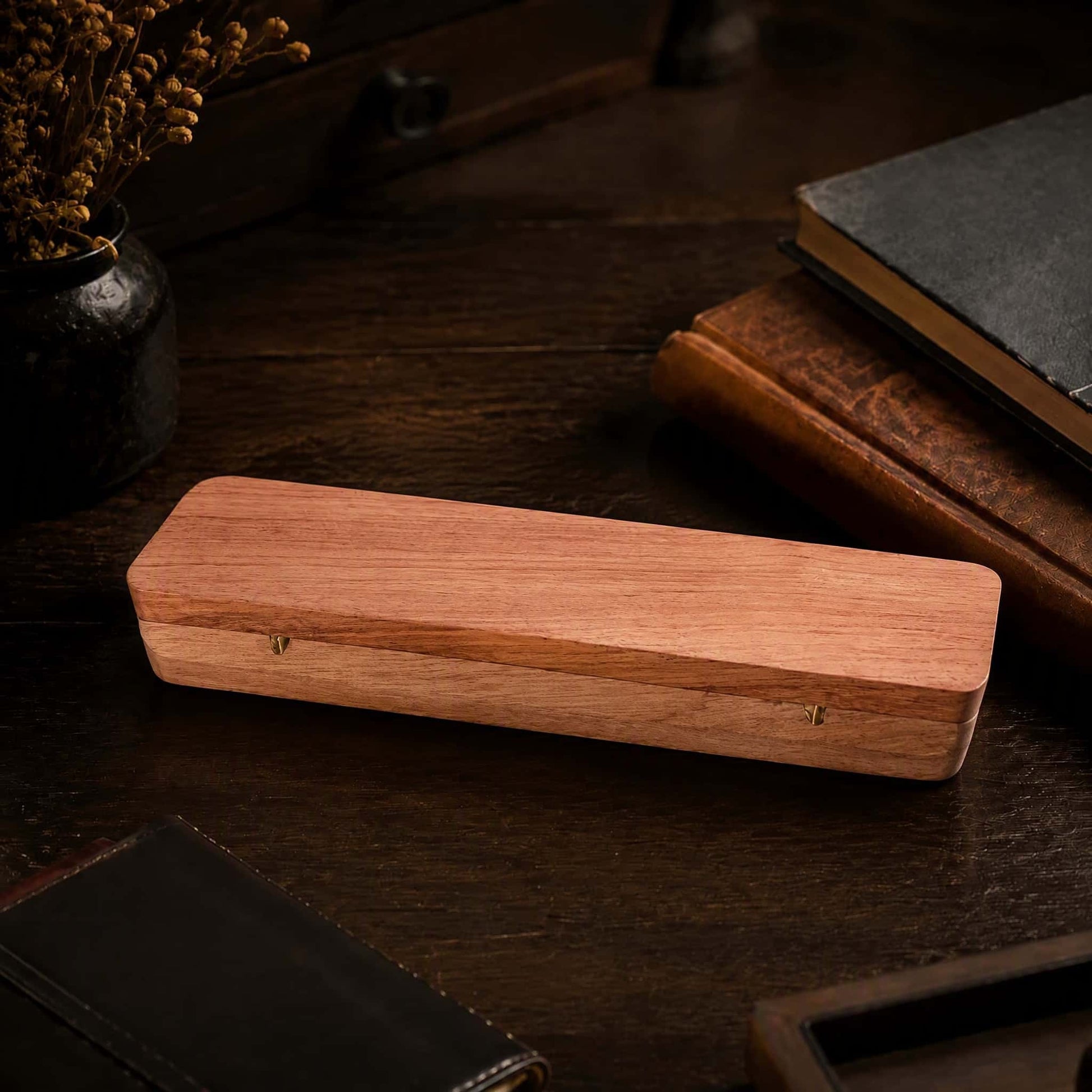 Luxury wooden pen gift box back view, smooth walnut finish and magnetic closure detail