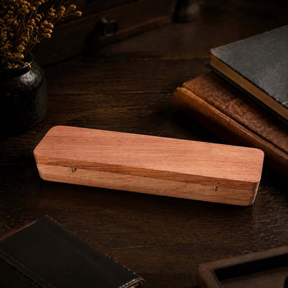 Luxury wooden pen gift box back view, smooth walnut finish and magnetic closure detail