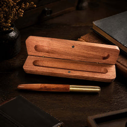 HAVNMADE wooden pen gift set open case with brass pen on dark wood desk